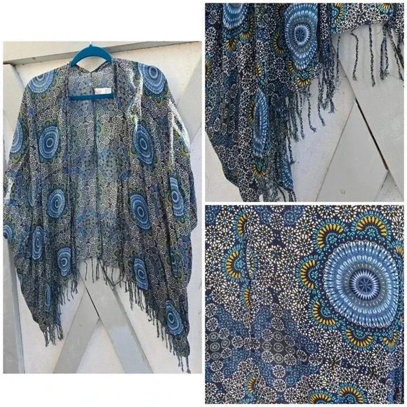 Satva Divine Kimono Blue Turquoise Sahara Print with Tassel Trim OS Free Size - Picture 1 of 9